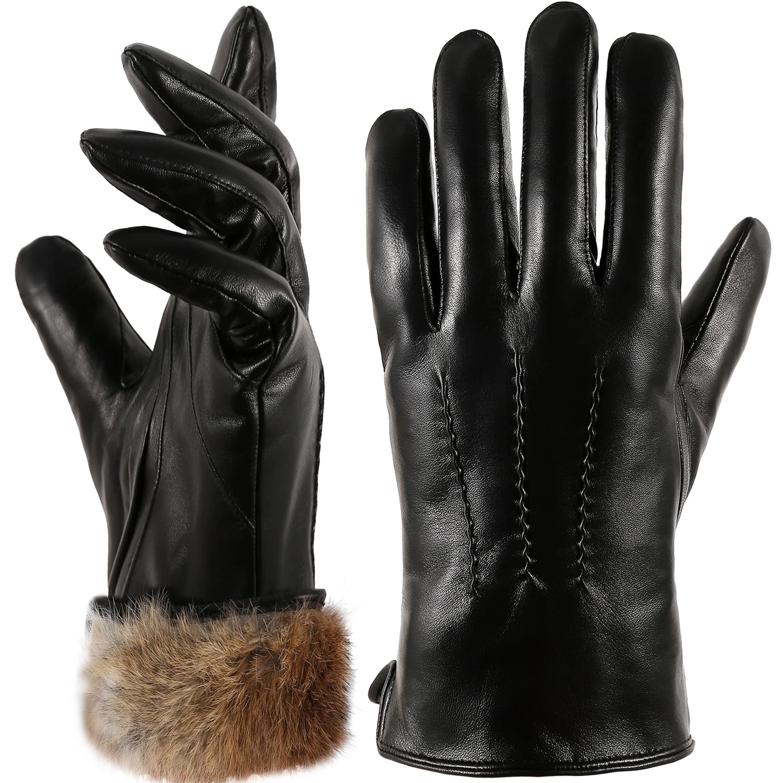 Super Warm Rabbit Fur Mens Leather Gloves for Men Winter Touchscreen Texting ...