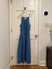 UNIQLO Elastic Waist Coastal Resort Strap Midi Dress Women's Sz M Blue Cotton