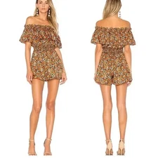 Rebecca Taylor Moonlight Garden Floral Off the Shoulder Silk Romper 00 EUC