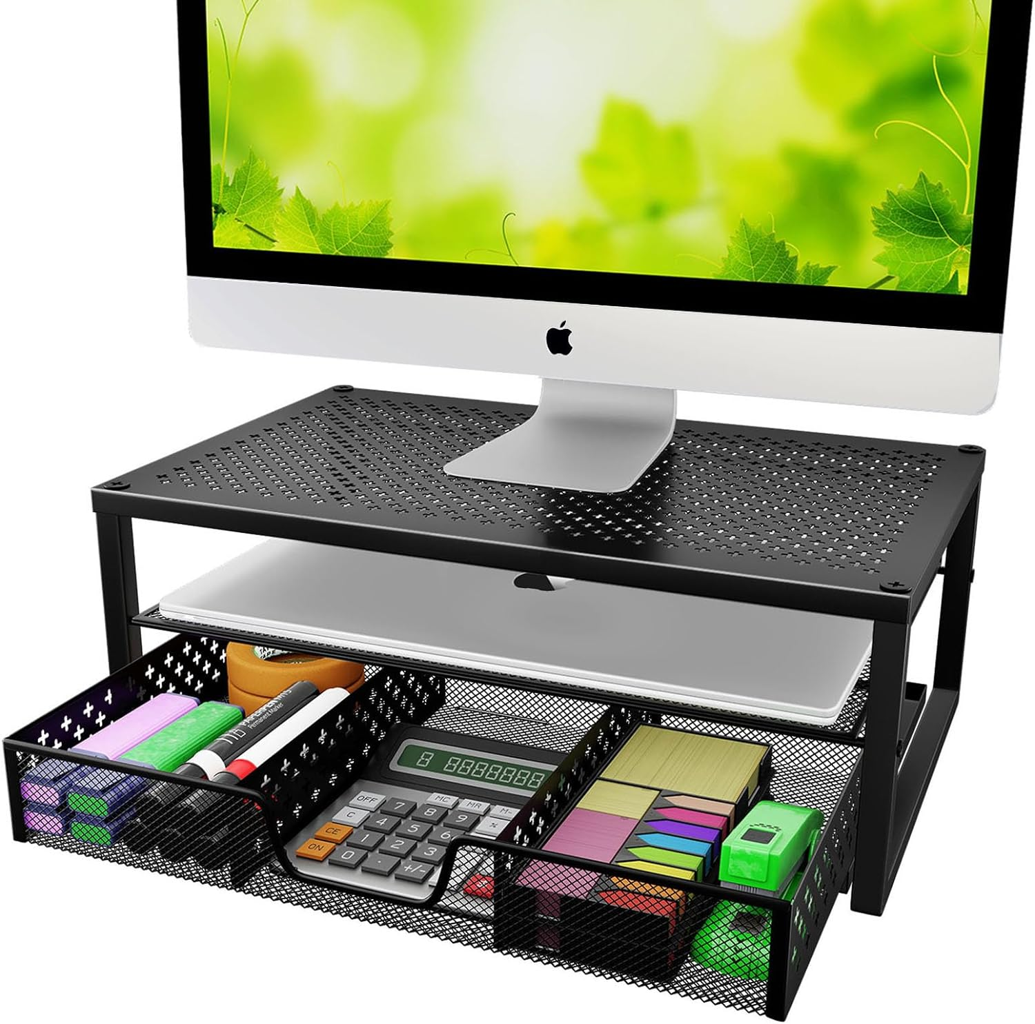 Metal Monitor Stand Riser and Computer Desk Organizer with Drawer for Laptop, Co