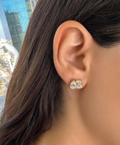 5 Carat You & me Diamond Earrings Pear Cut and Emerald Cut E/VVS2 Lab Grown