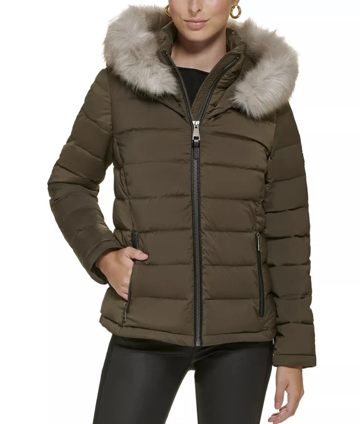 NEW DKNY Womens Faux Fur Trim Hooded Puffer Coat Jacket Loden XL MSRP $285