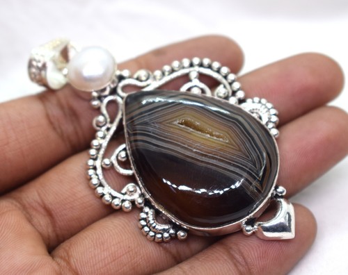 Natural Banded Onyx Druzy Pear, Pearl Cab Gemstone Jewelry Handmade Pendant 3" - Picture 3 of 7