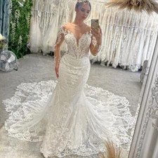 Modern Mermaid Wedding Dresses Lace Applique Backless Long Sleeves Bridal Gowns