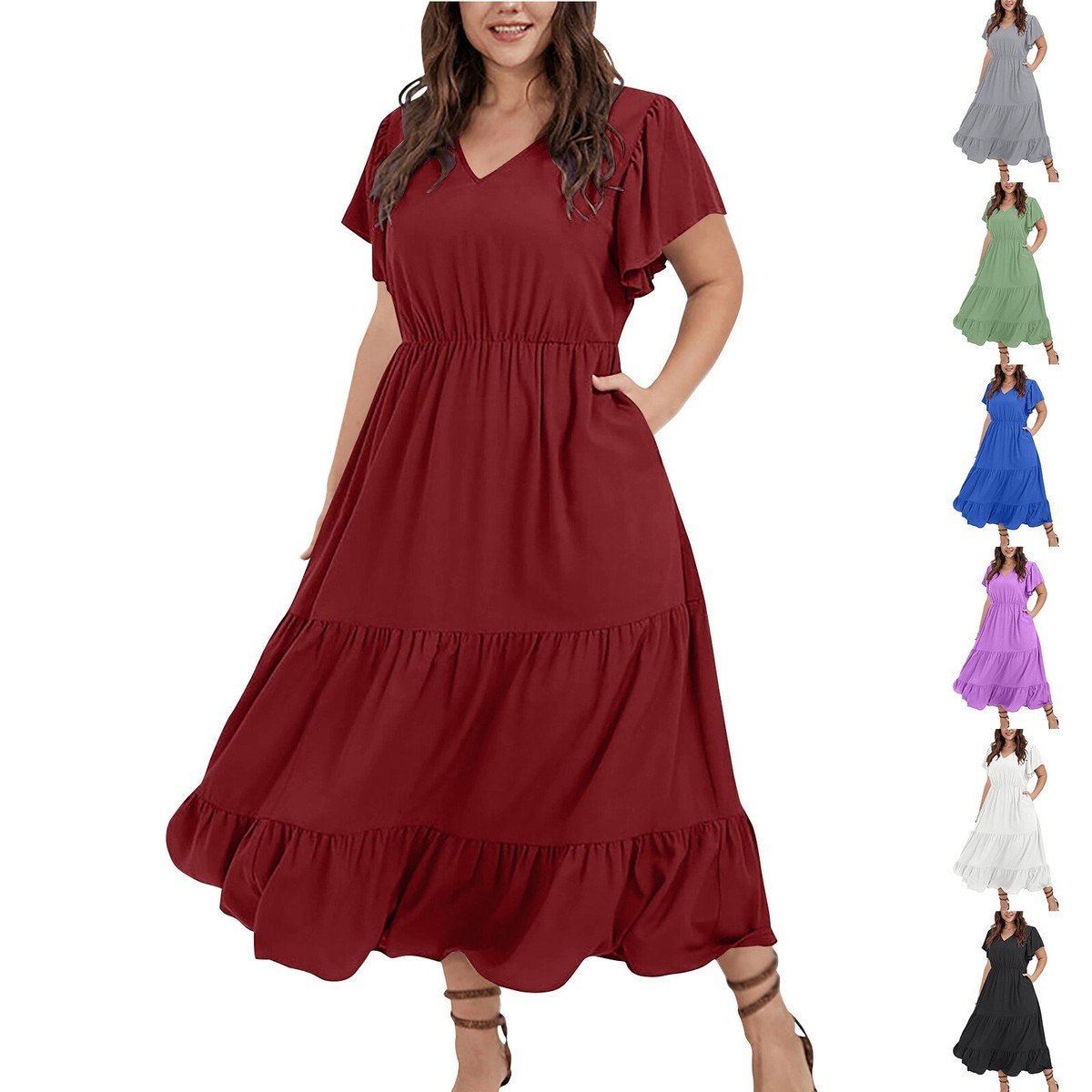 Large Women's V-neck Maxi Long Dress Ruffle Sleeve Summer Casual Plus Size  Skirt | eBay