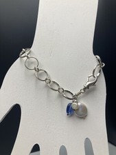 Sterling Silver 925 Link Bracelet Dangling Cultured Pearls Blue Charm 7.5 9.9g