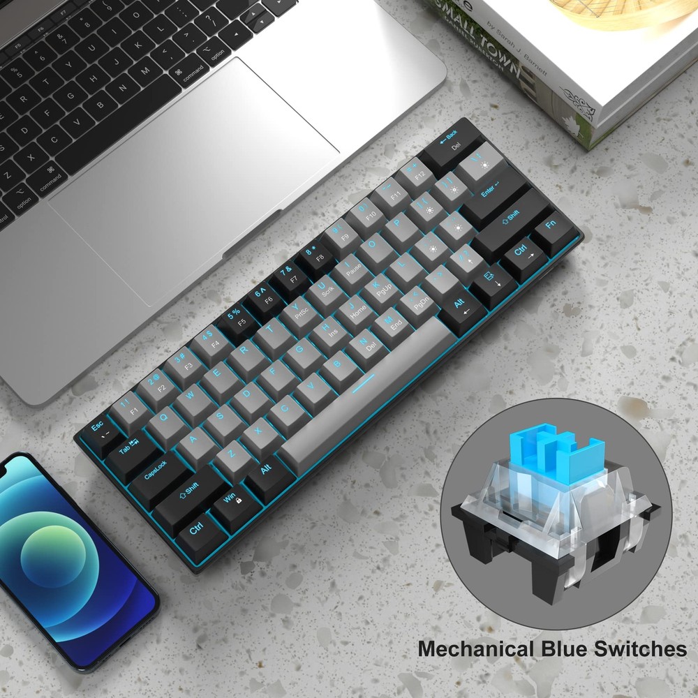 60% Compact Mechanical Gaming Keyboard with Blue Switches and Sea Blue Backlighting