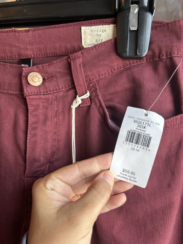NWT Bridge By Gly Buckle Mid Rise Flare Jeans Solid Red Burgundy Women