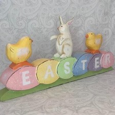 19" Pastel Easter Carved Wood Eggs,Bunny  Chicks Tabletop Shelf Sign