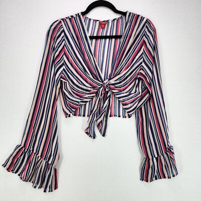 Guess Sheer Cropped Jacke Womens Large Long Sleeve Ruffle Striped Tie Front Top