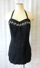 Vintage 1940s Bathing Swim Suit Navy Blue White Soutache Wave Pattern 34 36 37