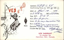 QSL radio card VE3EYO 1971 Hamilton ON Canada Lew Sargeant Antenna shock Dog