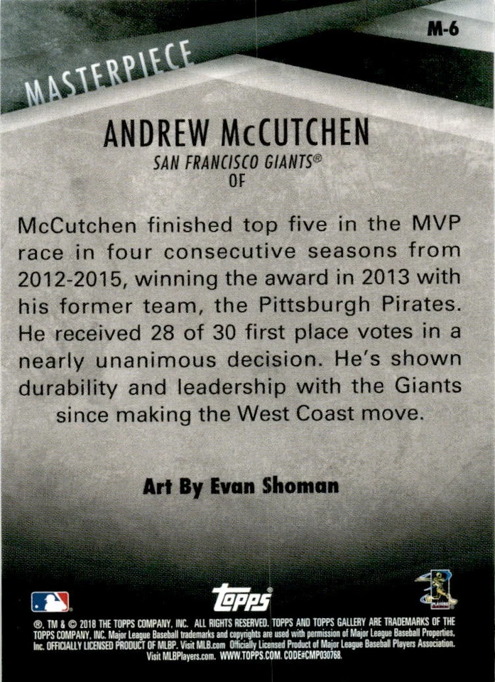 2018 Topps Gallery #M-6 Andrew McCutchen Masterpiece San Francisco Giants - Image 2 of 2