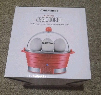 Chefman Electric Egg Cooker Boiler Steamer 6 Hard Medium Soft Poaching Tray Red