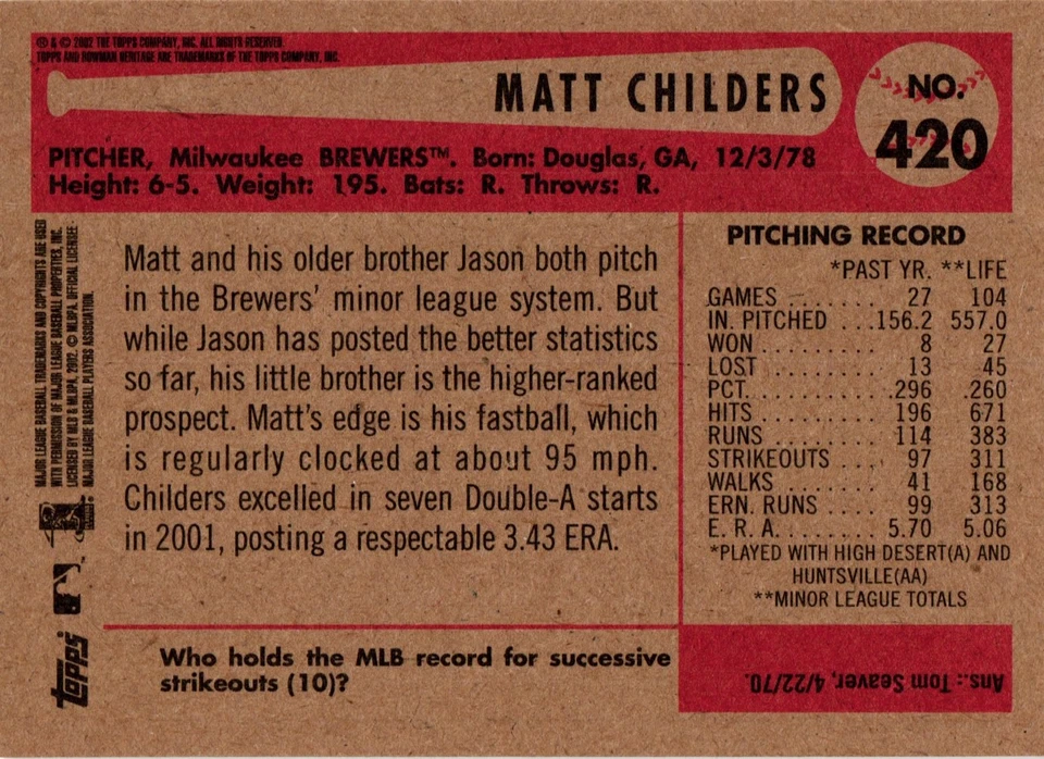 2002 Bowman Heritage #420 Matt Childers - Image 2 of 2