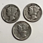 Lot Of 3 Mercury Dimes 1929-P, 1944-D & 1943-D Silver .900 Coins USA 10C - AL4