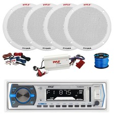 Pyle BT Marine MP3 Receiver, BT Amp w/Kit, 4X 6.5" 400W White Speakers,Wire