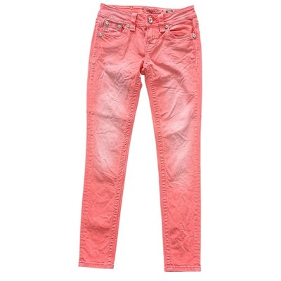 Miss Me Signature Skinny Jeans Coral Orange Fleur De Lis Embellished 26 Y2K