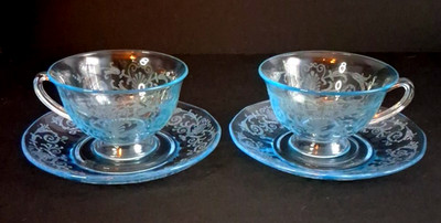 Vintage Fostoria Azure Blue Versailles Set Of 2 Cups and Saucers   b