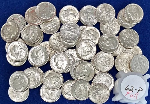 1962-P Roosevelt Silver Dimes Ch BU Full Roll 50 Pieces