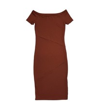 Haute Monde Women’s S Rusty Brown Ribbed Off Shoulder Bodycon Dress