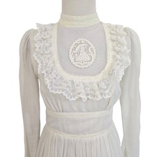 Vintage 70s Gunne Sax White Lace Prairie Dress Rare Embroidery Bridal Womens XXS