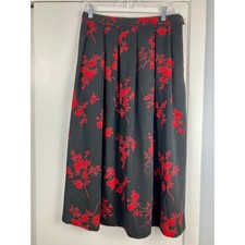 Vintage KORET PETITES Black Red Floral Pleated Midi Skirt Size 16 Holiday