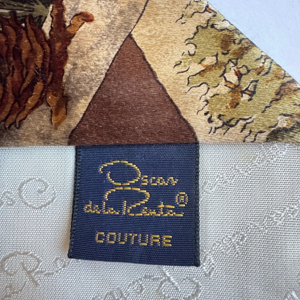 Oscar De La Renta Mens Silk Necktie Wood Cream Brown Tie Trees Nature Forestry - Image 3 of 4