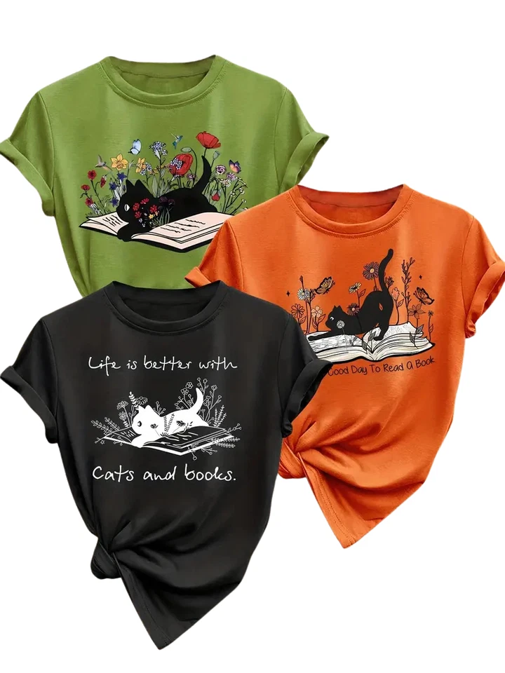 Cat Lover Cute Gift T-Shirt Reading Books Cat Graphic Tee Women’s Casual Top - Image 2 of 4