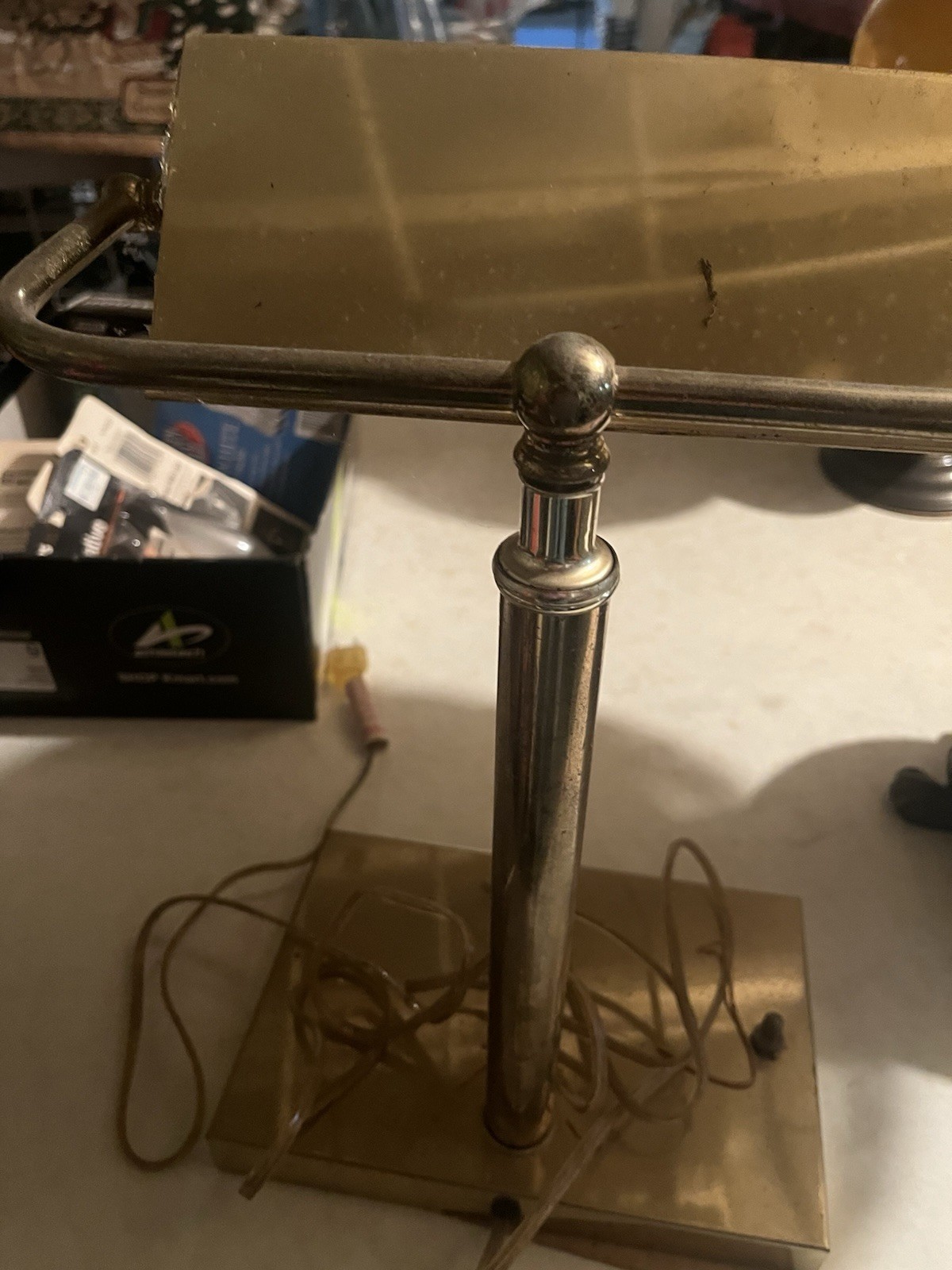 Gold Polished Brass Banker's Lamp with Rectangular Shade, Vintage Retro Style