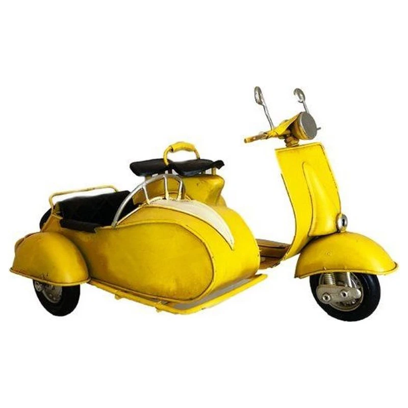 Moto Sidecar in Metallo Modellino Vintage Giallo 27x19x16,5 cm Retro Collezione, fotografia 5 di 9