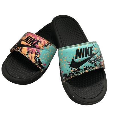Nike Benassi JDI Shoes Slides Womens 6 Black Rainbow Splash Paint Splatter