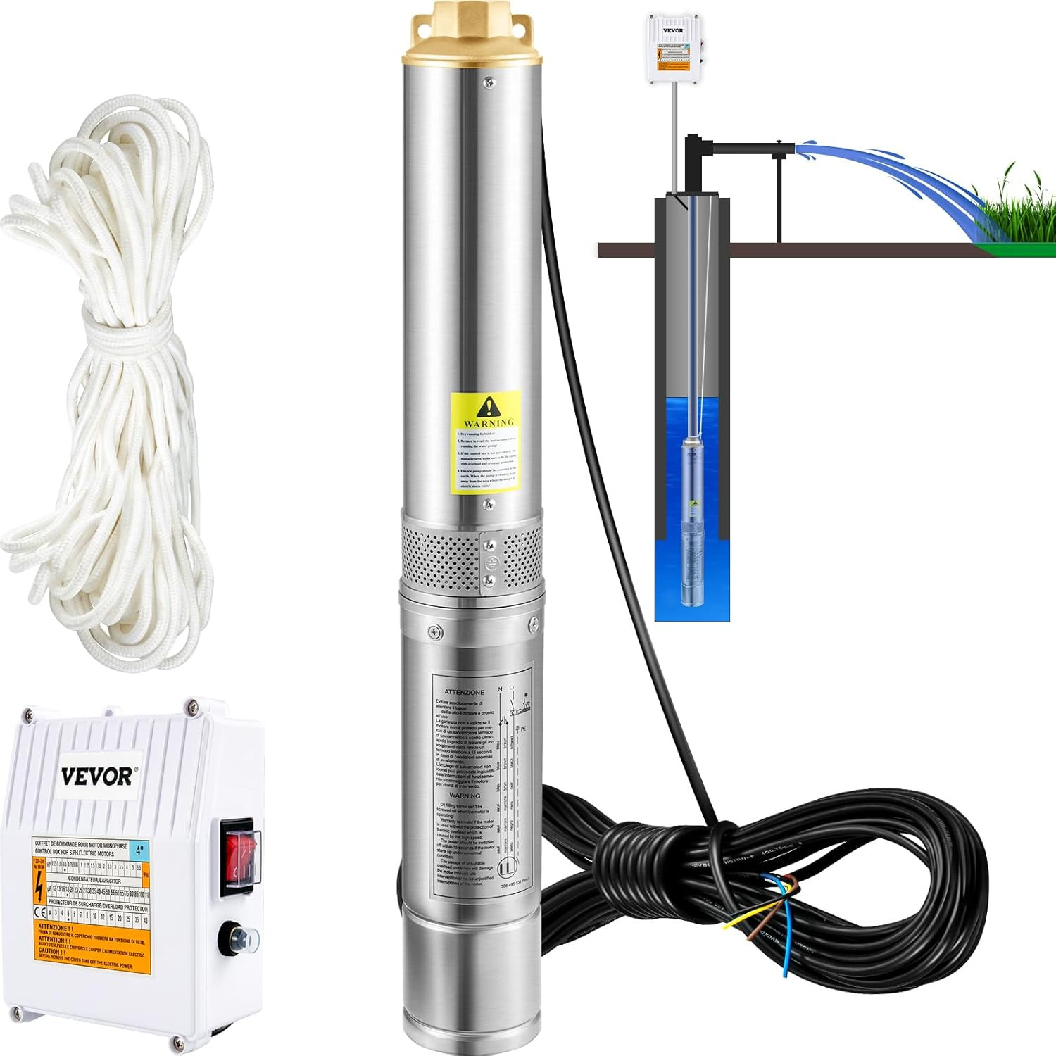 Pompe à eau pour puits profond 57 m en acier à haut débit 11400L/H