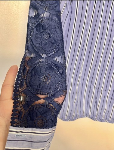 Top SANDRO Azul Cielo Rayas Encaje Cuello Alto Talla 0 UK 6 8 - Imagen 11 de 12