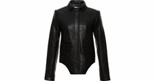 Worn Once Carven Black Grained Leather Jacket With Angled Hem Size 36 Designer