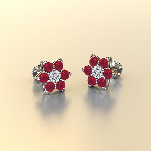 Lab Created Diamond & Ruby Flower Stud Earrings 14K Gold JP:198392 - Picture 3 of 13