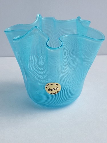 Murano Art Glass Handkerchief Vase Tealight Holder Teal Blue With White Stripe - Picture 4 of 17