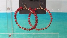 Gold Hook Earrings with a Dangling Hoop with Red Beads NWT