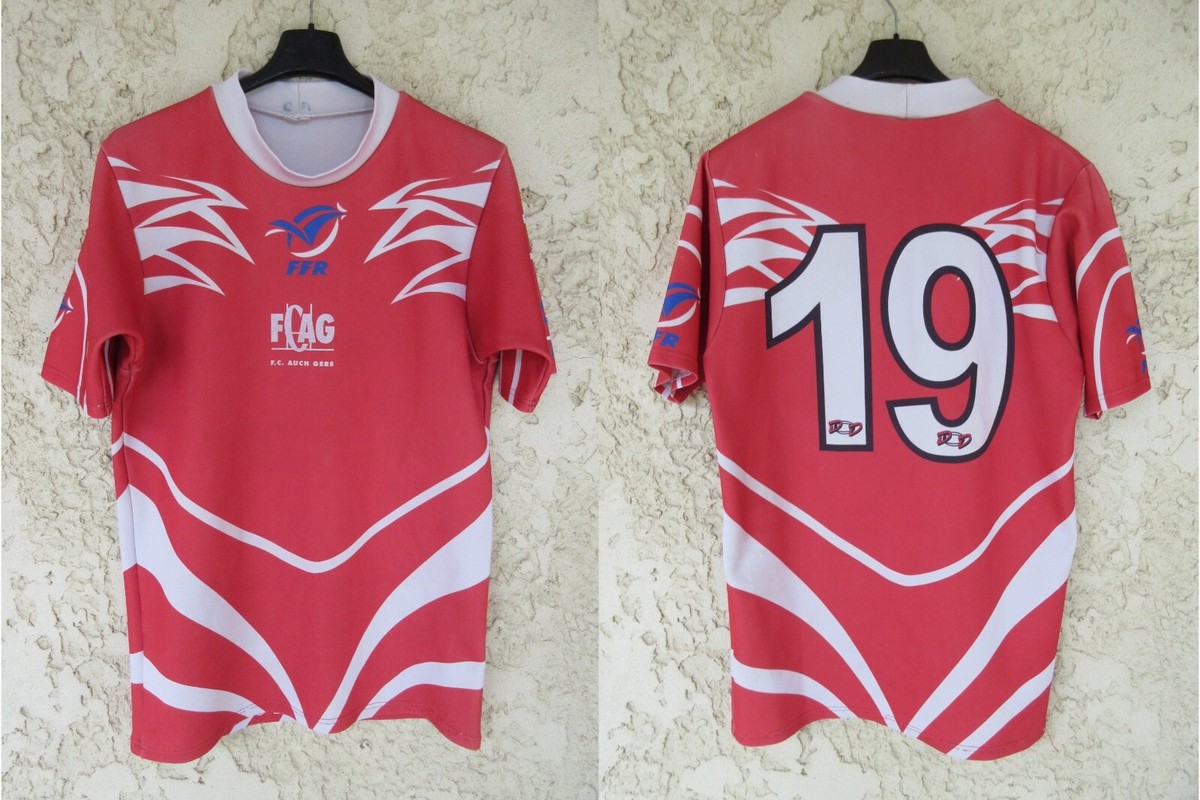 Maillot rugby F.C.A AUCH GERS porté n°19 SHEMSY LNR moulant shirt rouge