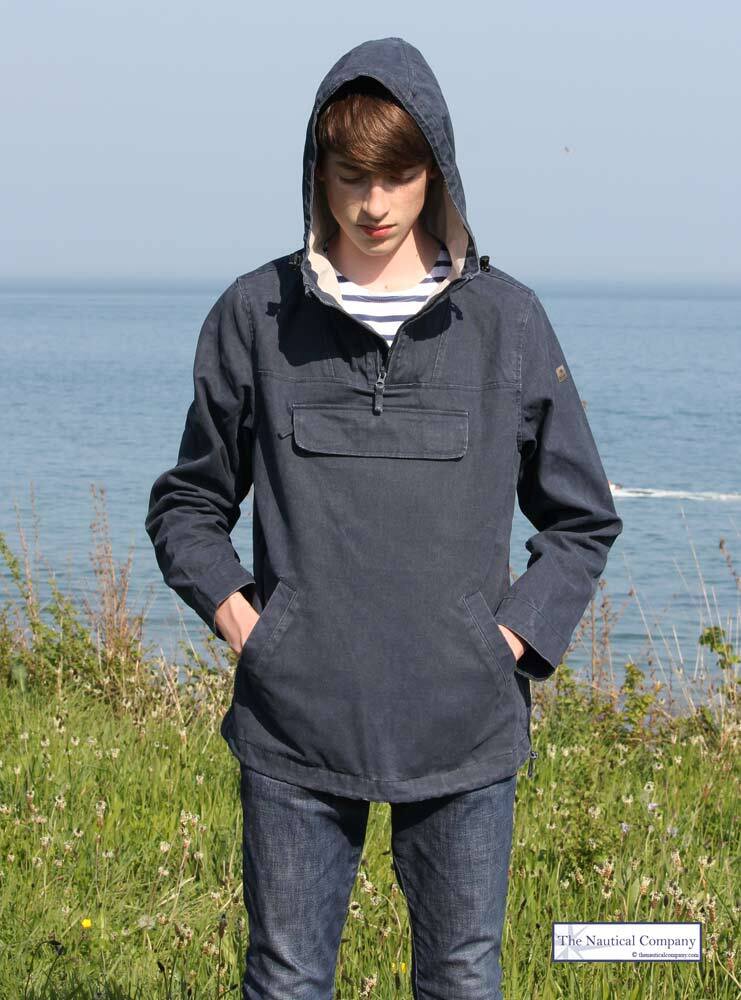 Men Hooded Smock Cotton Canvas 1/4 zip Over Jacket Faded Navy