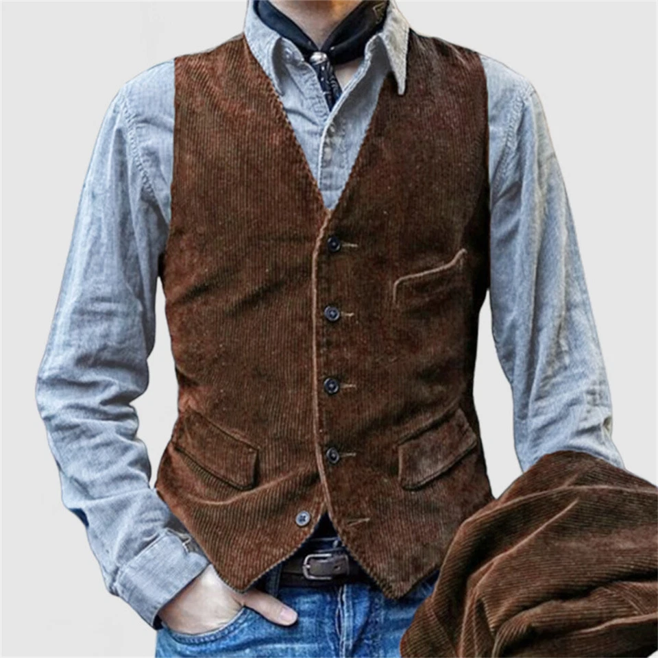 Men Corduroy Vest Dress Vest Slim Fit Button Down Prom Formal Suit Waistcoat - Image 4 of 4