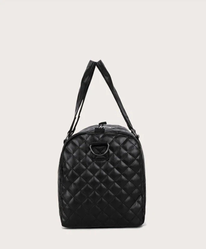 Quilted Large Capacity Duffle Black Faux Leather Double Handle Bag Women Travel - Image 4 of 4