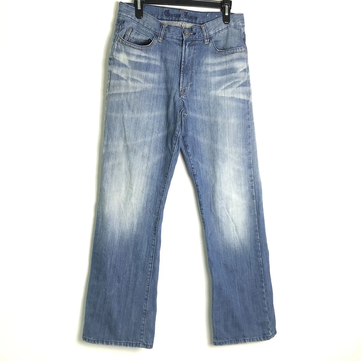 Guess Jeans Mens 31 Straight Medium Wash Distressed Denim Blue
