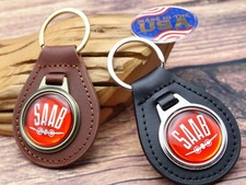 Rare Vintage Red Saab Genuine Leather Key Fob Chain Ring Automotive Car Truck