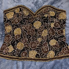 OLEG CASSINI Vintage Black Tie Beaded Silk Sequin Bustier Corset Top Crop Medium