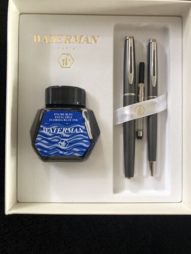 Waterman Paris Hemisphere Charcoal Fountain & Ball Pen Gift Set With Ink Pot BN - Picture 1 of 10
