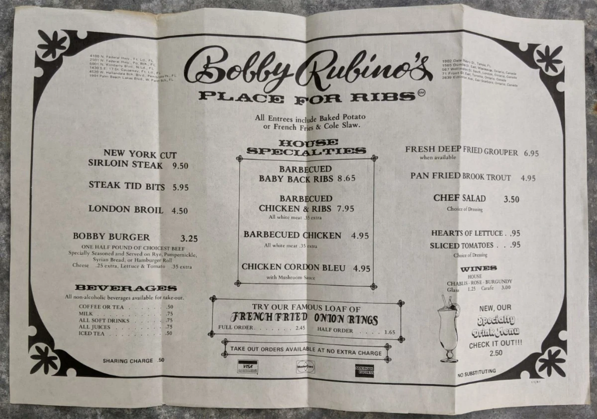 1981 BOBBY RUBINO S Place For Ribs Restaurant Menu Florida Ontario Canada