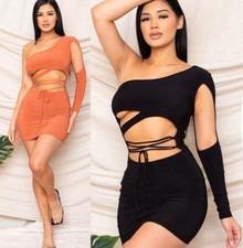 Cutout Fitted One shoulder Long Sleeve Waist Tie Mini Dress Party Sexy Club Wear