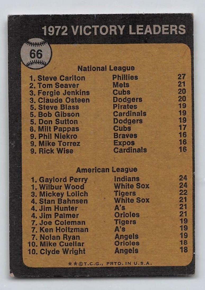 野球　カード　700枚以上　レトロ　レア 1973 VICTORY LEADERS 1972 - Topps Baseball Card # 66 - CARLTON