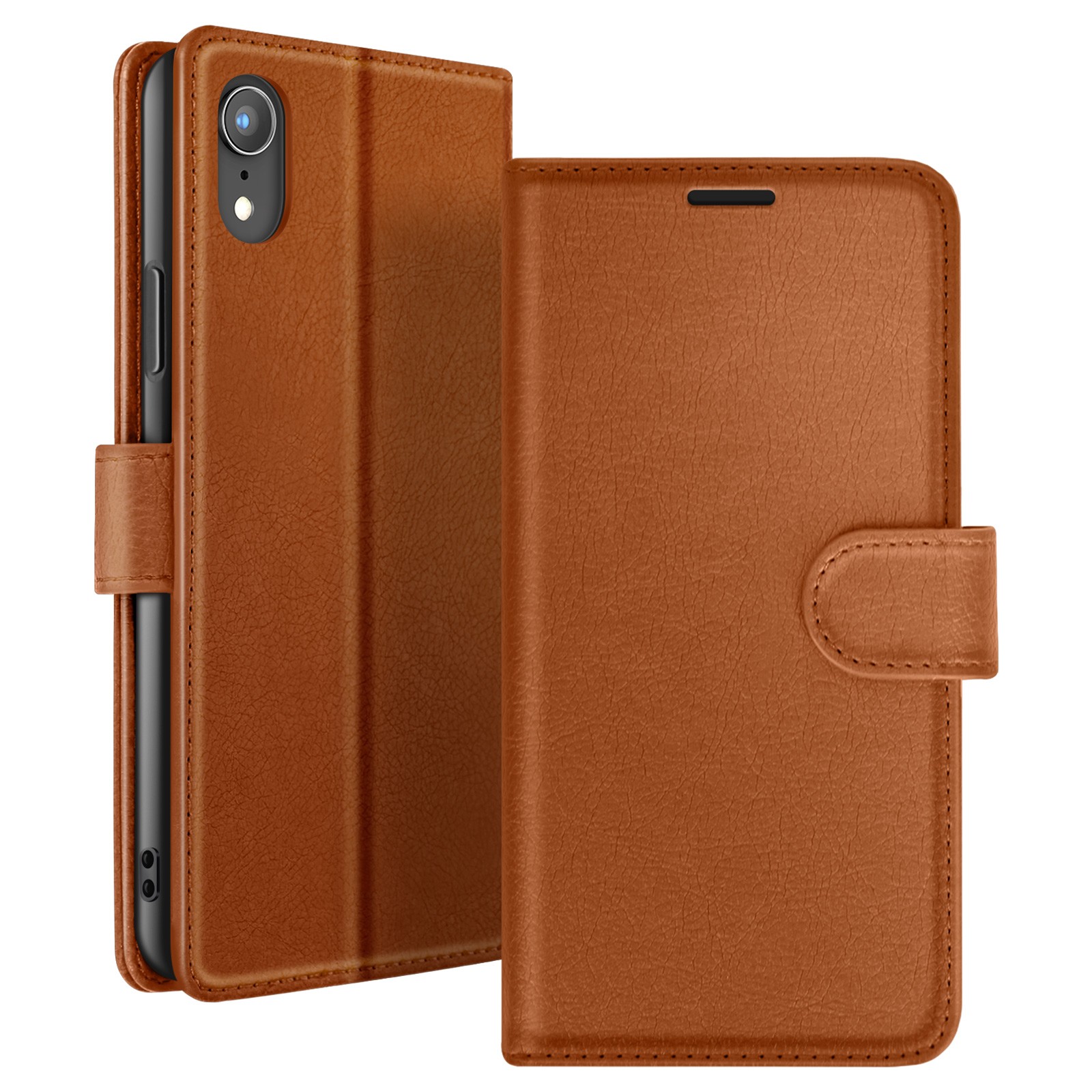 Coque iPhone XR style portefeuille marron à rabat magnétique avec béquille